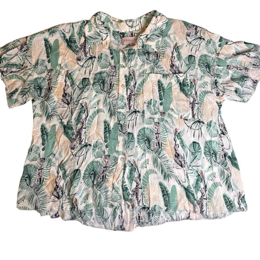 Philosophy Republic Button  Womens Jaguar Tropical Print Blouse frayed hem Large